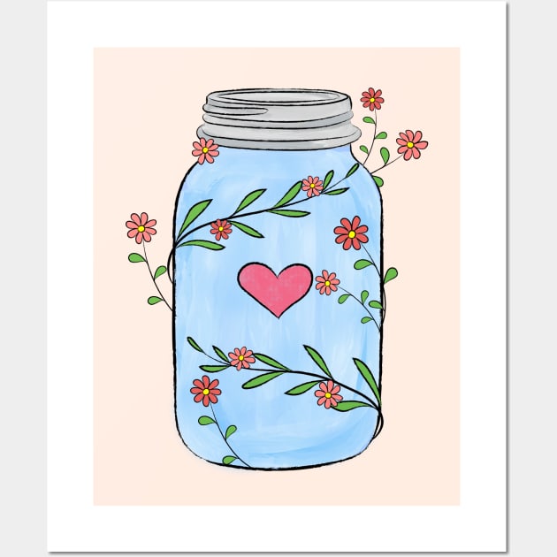 Mason Jar With Flowers, Leaves and a Heart Wall Art by Lizzamour